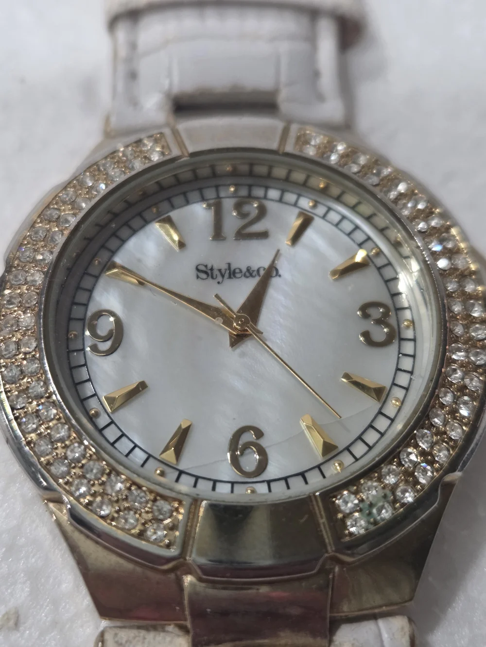 Style&co Gold-Tone Crystal Bezel Watch with White Strap